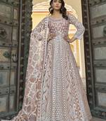 Embroidered net dusty peach reception designer gown