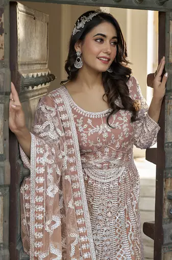Embroidered net dusty peach anarkali  gown