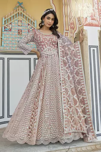 Embroidered net dusty peach anarkali  gown