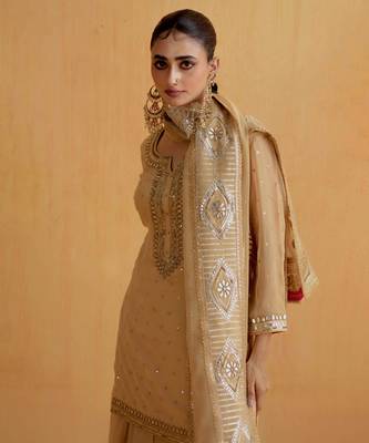 Beige Georgette Gota Dori Embroidered Lehenga 2