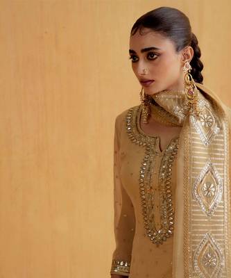Beige Georgette Gota Dori Embroidered Lehenga 3