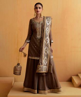 Brown Georgette Gota Dori Embroidered Lehenga 1