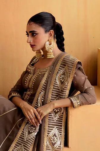 Brown Georgette Gota Dori Embroidered Lehenga