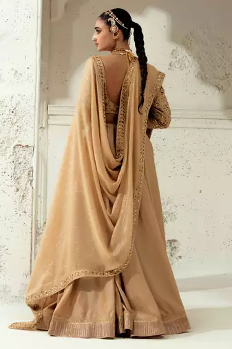 Plain Gold Silk Blend Lehenga With Embroidered Dupatta