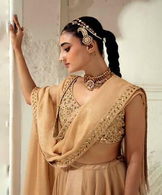 Gold Silk Blend Plain Lehenga With Embroidered Dupatta 5
