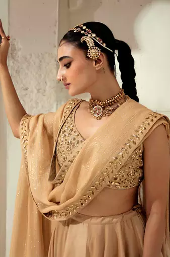 Gold Silk Blend Plain Lehenga With Embroidered Dupatta