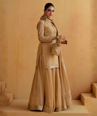 Beige Georgette Gota Dori Embroidered Lehenga 5
