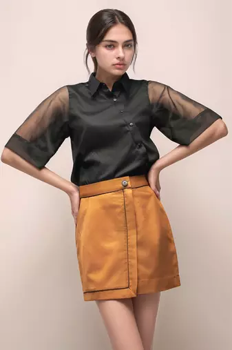 Black organza cross placket  women shirt