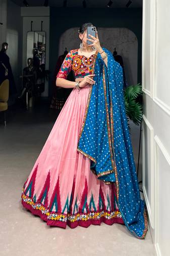 pink Mirror Work Full Stitch Lehenga Choli with Blue Bandhani Dupatta