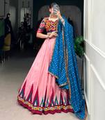 pink Mirror Work Full Stitch Lehenga Choli with Blue Bandhani Dupatta