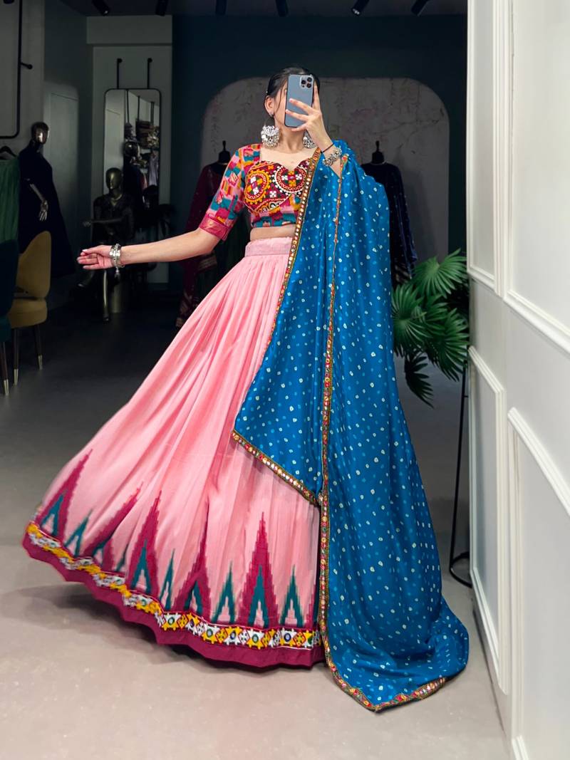 pink Mirror Work Full Stitch Lehenga Choli with Blue Bandhani Dupatta