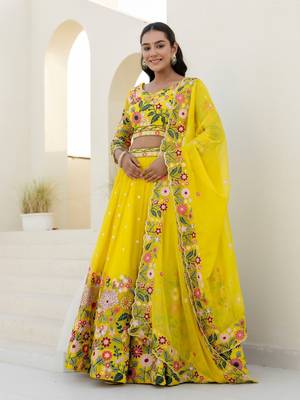 Yellow Organza Floral Embroidered Lehenga with Blouse & Dupatta Set 1