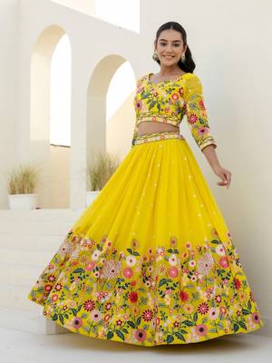 Yellow Organza Floral Embroidered Lehenga with Blouse & Dupatta Set 2