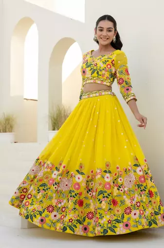 Yellow Organza Floral Embroidered Lehenga with Blouse & Dupatta Set