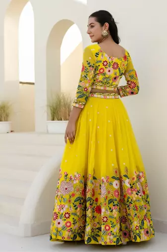 Yellow Organza Floral Embroidered Lehenga with Blouse & Dupatta Set