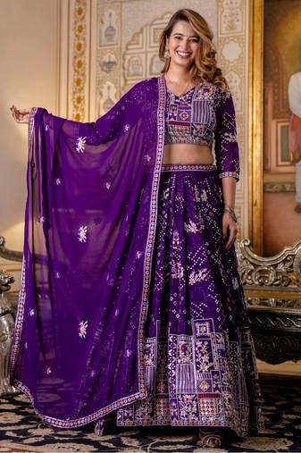 Purple Georgette Lehenga Choli Set with Thread and Sequin Embroidery