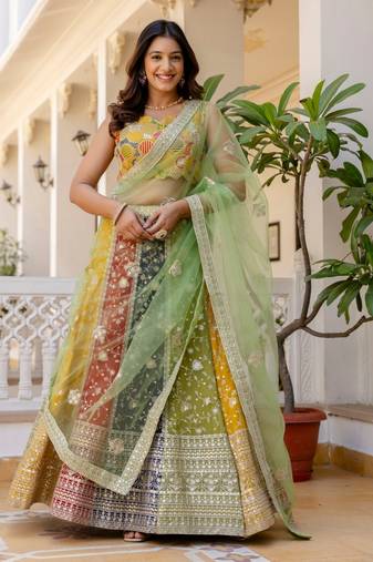 Multicolor Embroidered Georgette Lehenga Choli with Green Net Dupatta