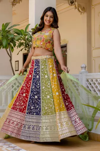Multicolor Embroidered Georgette Lehenga Choli with Green Net Dupatta