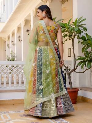 Multicolor Embroidered Georgette Lehenga Choli with Green Net Dupatta 3