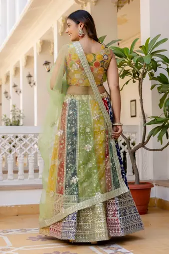 Multicolor Embroidered Georgette Lehenga Choli with Green Net Dupatta