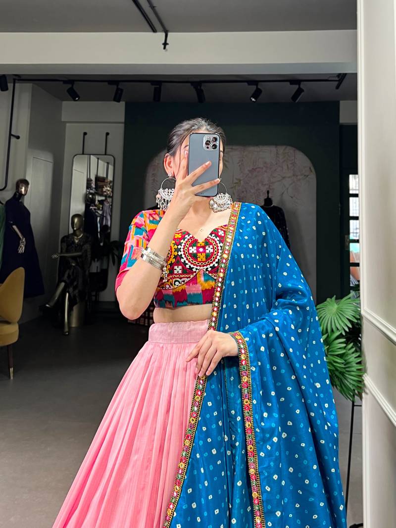 pink Mirror Work Full Stitch Lehenga Choli with Blue Bandhani Dupatta