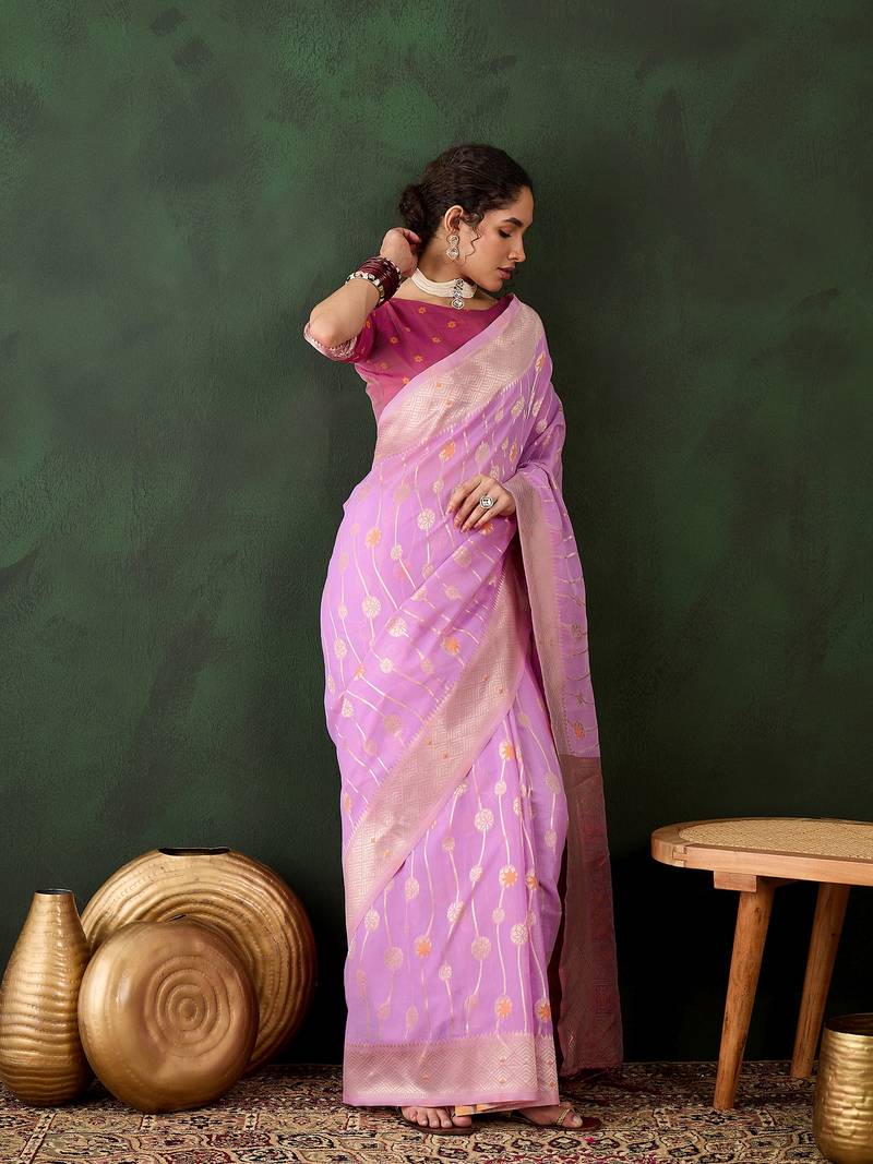 lavender Poly Cotton Jacquard Saree