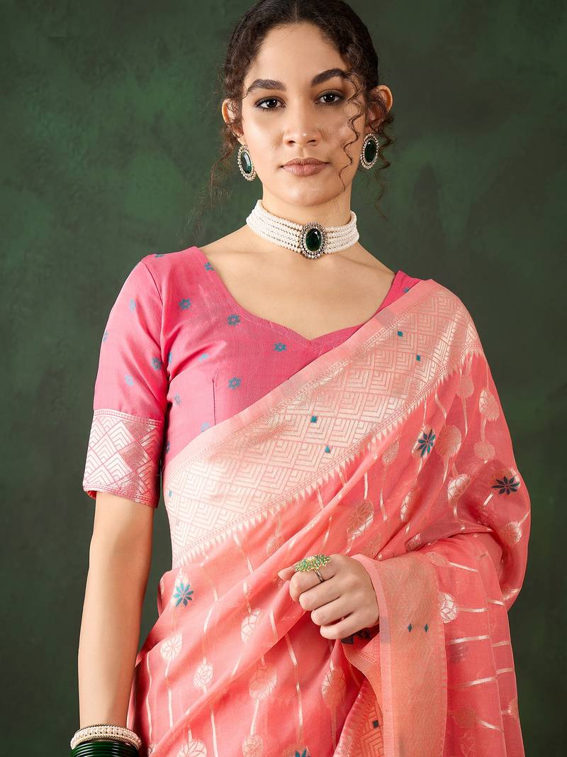 peach Poly Cotton Jacquard Saree