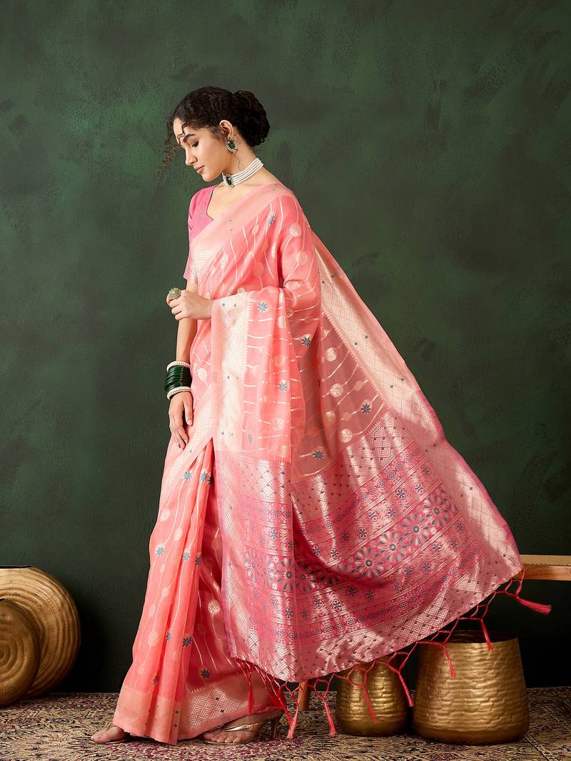 peach Poly Cotton Jacquard Saree