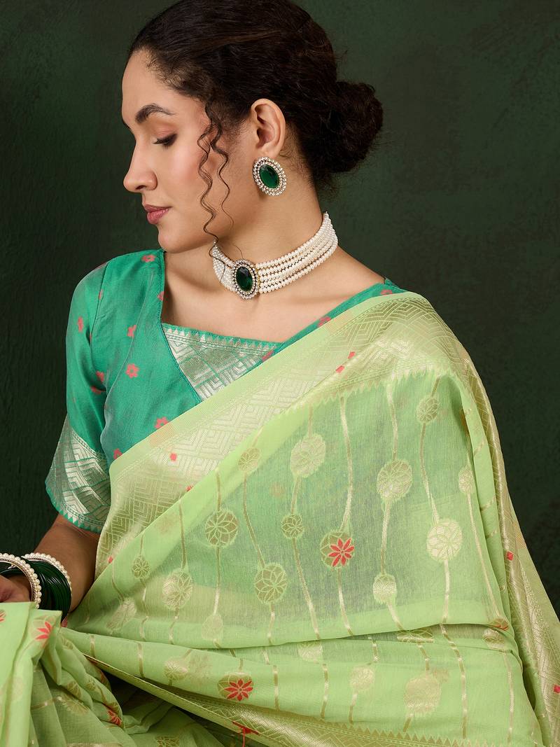 green Poly Cotton Jacquard Saree