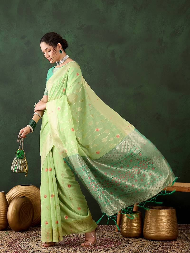 green Poly Cotton Jacquard Saree