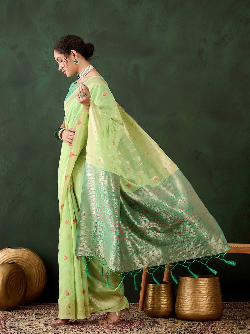green Poly Cotton Jacquard Saree