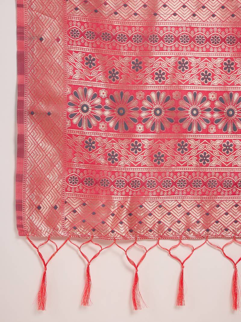 peach Poly Cotton Jacquard Saree