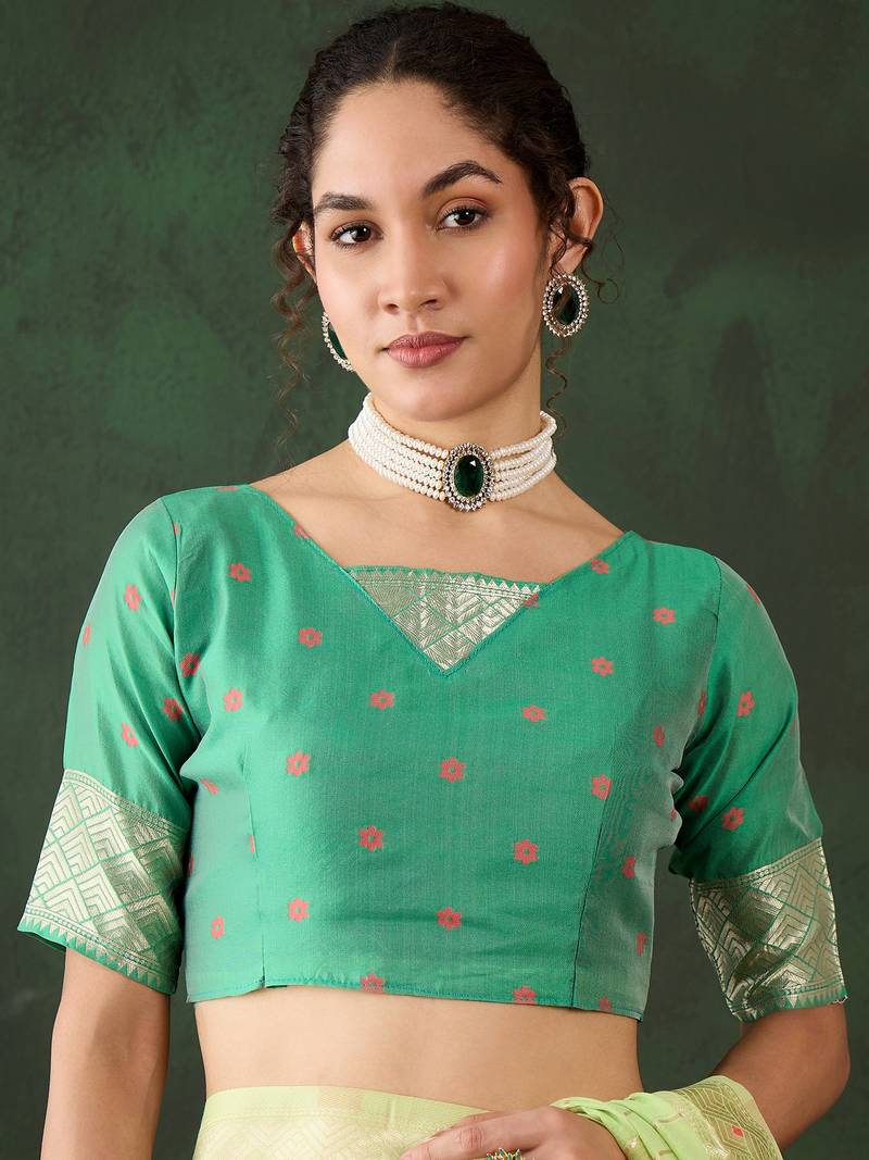 green Poly Cotton Jacquard Saree