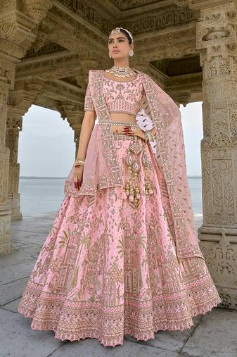 Light Pink Silk Embroidered Sequins Thread And Zari Work Bridal Lehenga Choli