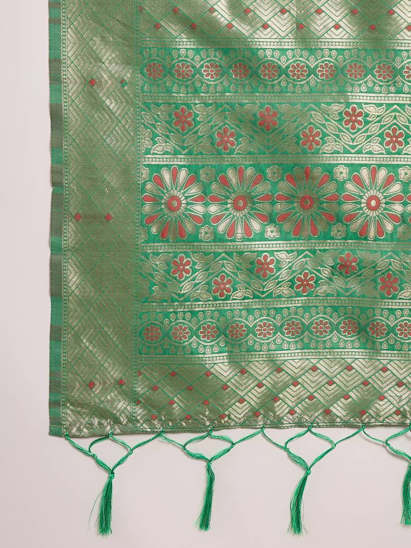 green Poly Cotton Jacquard Saree