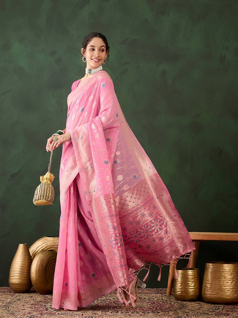 pink Poly Cotton Jacquard Saree