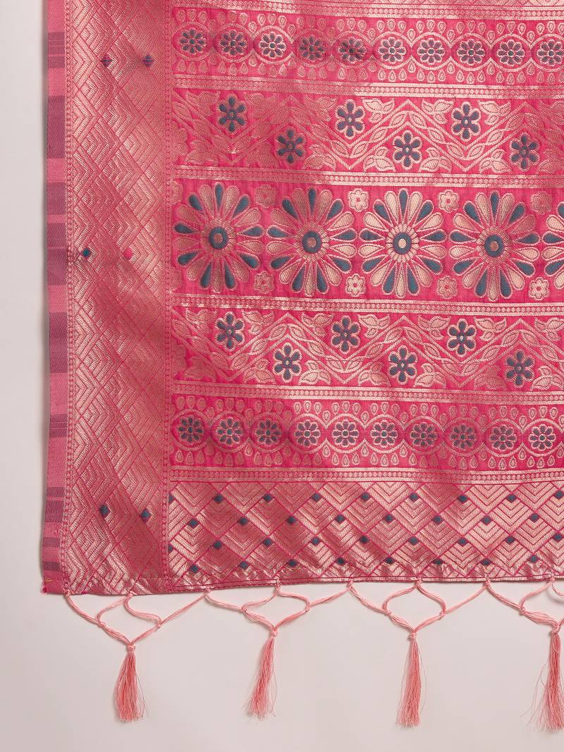 pink Poly Cotton Jacquard Saree