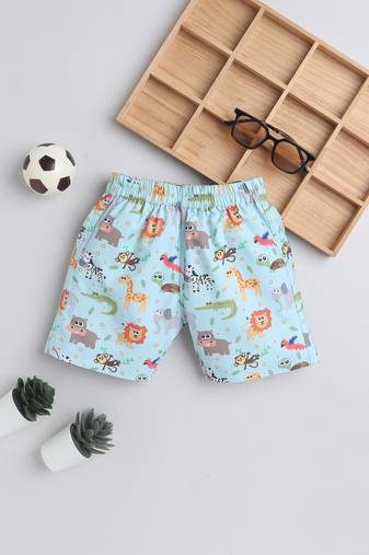 Blue cotton woven printed shorts for girls and boys only bottom