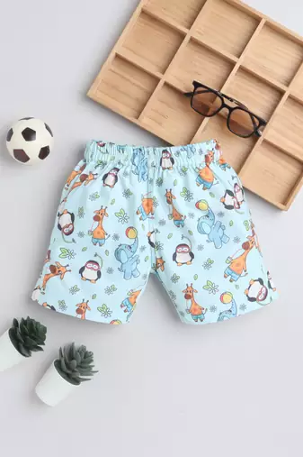 Blue cotton woven printed shorts for girls and boys only bottom