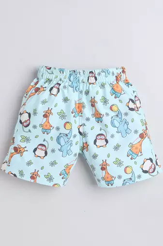 Blue cotton woven printed shorts for girls and boys only bottom