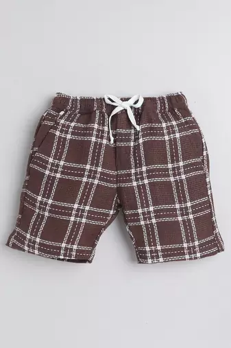 Brown cotton woven checks shorts for girls and boys only bottom