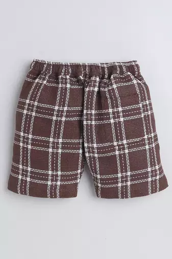 Brown cotton woven checks shorts for girls and boys only bottom