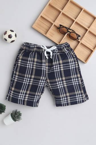 Blue cotton woven checks shorts for girls and boys only bottom