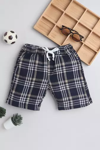 Blue cotton woven checks shorts for girls and boys only bottom