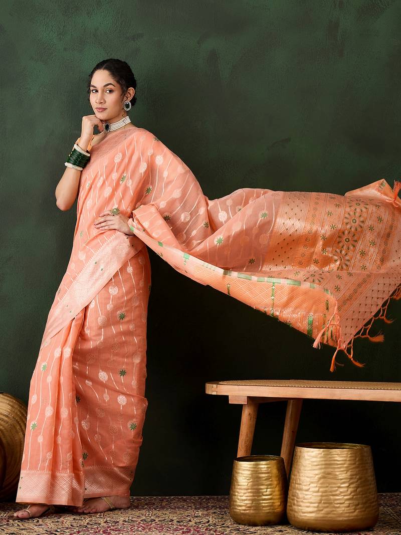 orange Poly Cotton Jacquard Saree