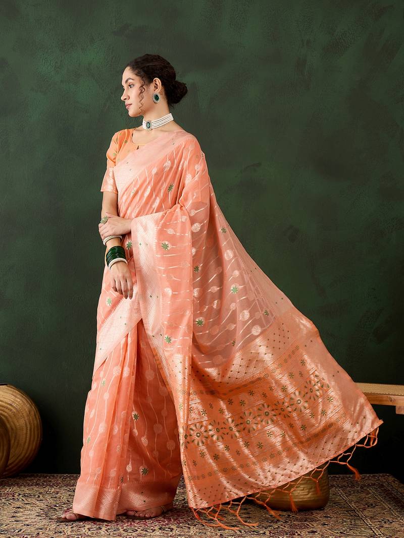 orange Poly Cotton Jacquard Saree