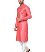 Pink silk with pintex work plain kurta for mens wear