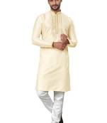 Cream silk with pintex work plain kurta pajama for mens