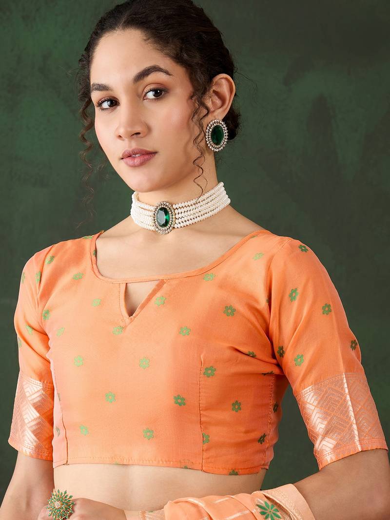 orange Poly Cotton Jacquard Saree