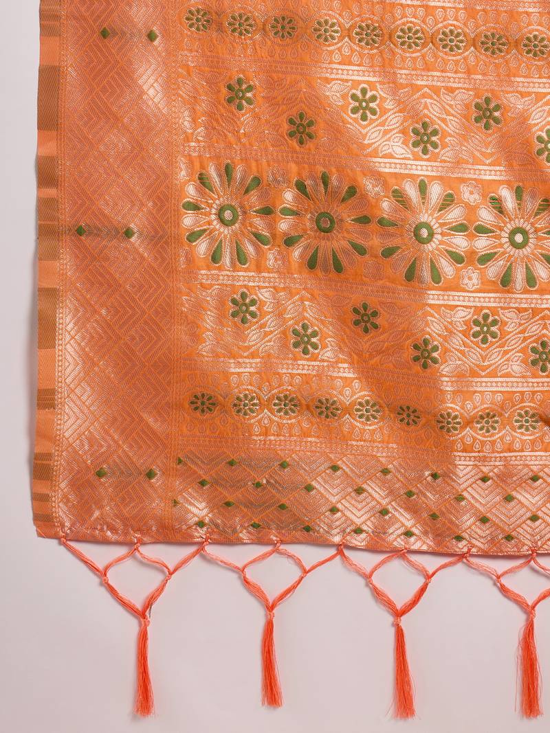 orange Poly Cotton Jacquard Saree